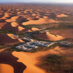 A stunning aerial view of Morocco showcasing its rich landscape diversity: from sandy desert dunes, lush mountain ranges to vibrant cityscapes.