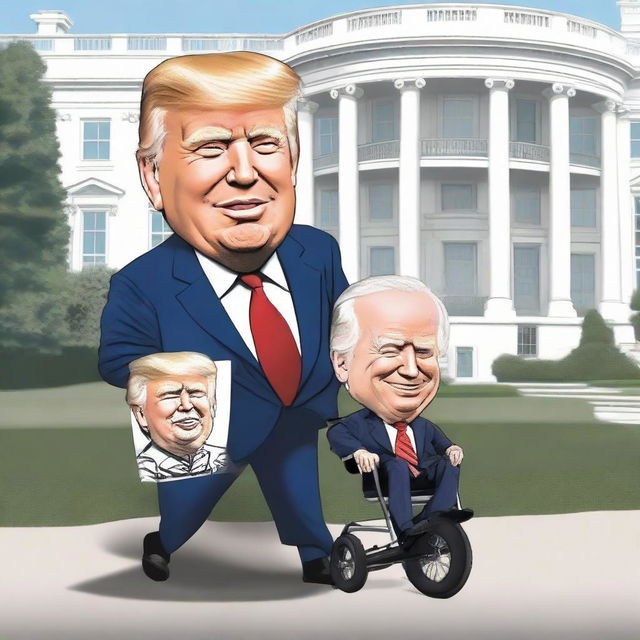 Generate a humorous, cartoon-style image of a caricatured Donald Trump pushing a Joe Biden caricature seated in a baby stroller, with the White House conspicuously presented in the background.