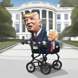 Create a humoristic picture of a caricatured Donald Trump cheerfully pushing another caricature representing Joe Biden inside a baby stroller, with the iconic White House clearly depicted in the backdrop.