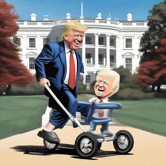 Create a humoristic picture of a caricatured Donald Trump cheerfully pushing another caricature representing Joe Biden inside a baby stroller, with the iconic White House clearly depicted in the backdrop.