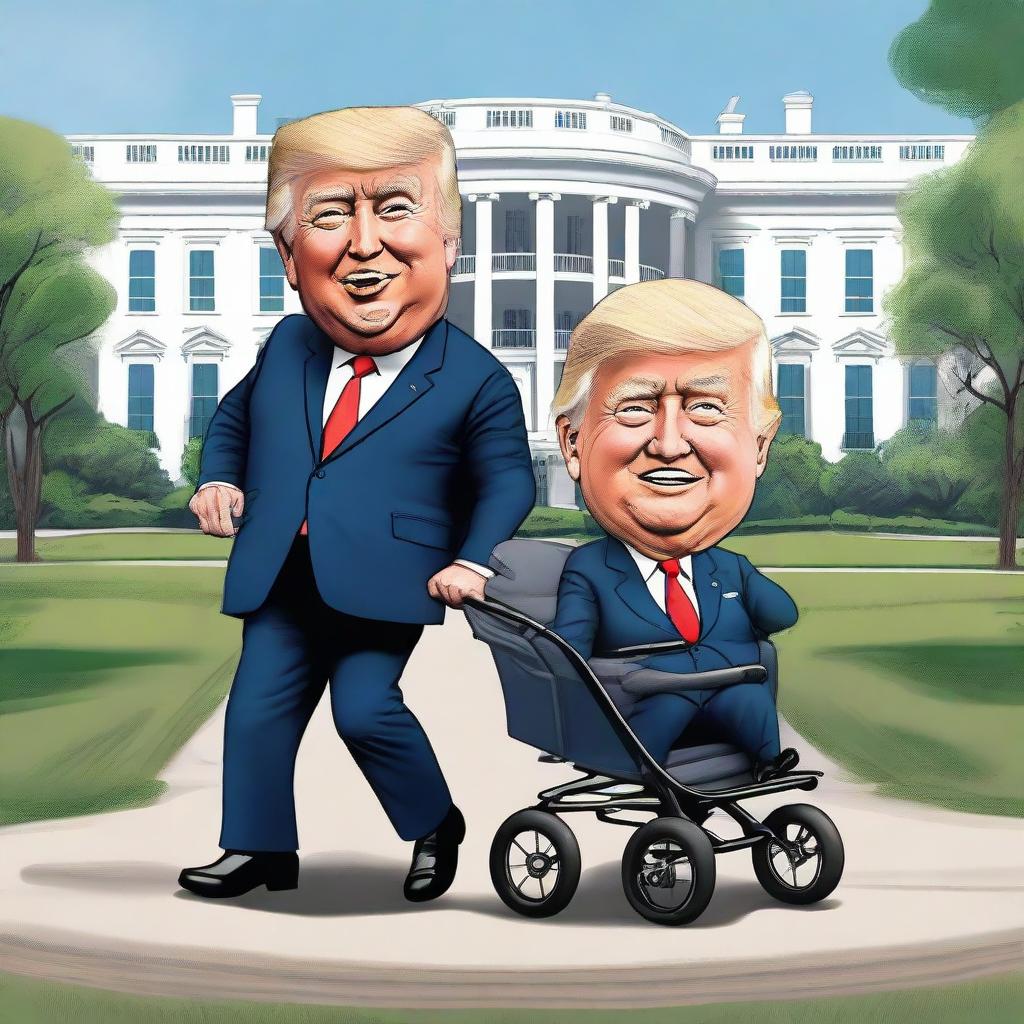 Create a humoristic picture of a caricatured Donald Trump cheerfully pushing another caricature representing Joe Biden inside a baby stroller, with the iconic White House clearly depicted in the backdrop.