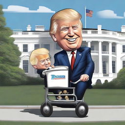 Create a humoristic picture of a caricatured Donald Trump cheerfully pushing another caricature representing Joe Biden inside a baby stroller, with the iconic White House clearly depicted in the backdrop.