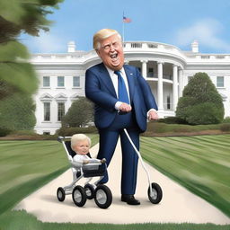 Craft a caricature-styled image of Donald Trump pushing a stroller with Joe Biden in it, passing by a distinctively depicted White House.