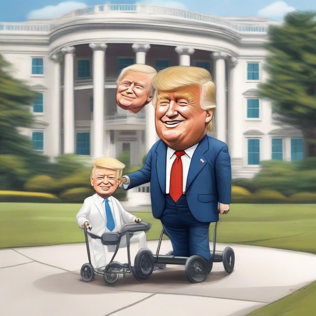 Craft a caricature-styled image of Donald Trump pushing a stroller with Joe Biden in it, passing by a distinctively depicted White House.