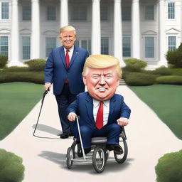 Craft a caricature-styled image of Donald Trump pushing a stroller with Joe Biden in it, passing by a distinctively depicted White House.