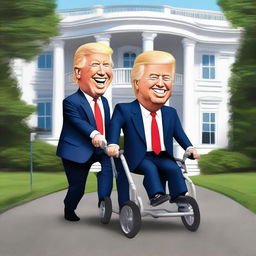 Craft a caricature-styled image of Donald Trump pushing a stroller with Joe Biden in it, passing by a distinctively depicted White House.