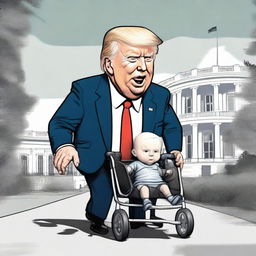 Generate a humorous caricature-style image of a strong Donald Trump pushing a baby stroller containing a sickly-looking Joe Biden, with the White House prominently in the background.