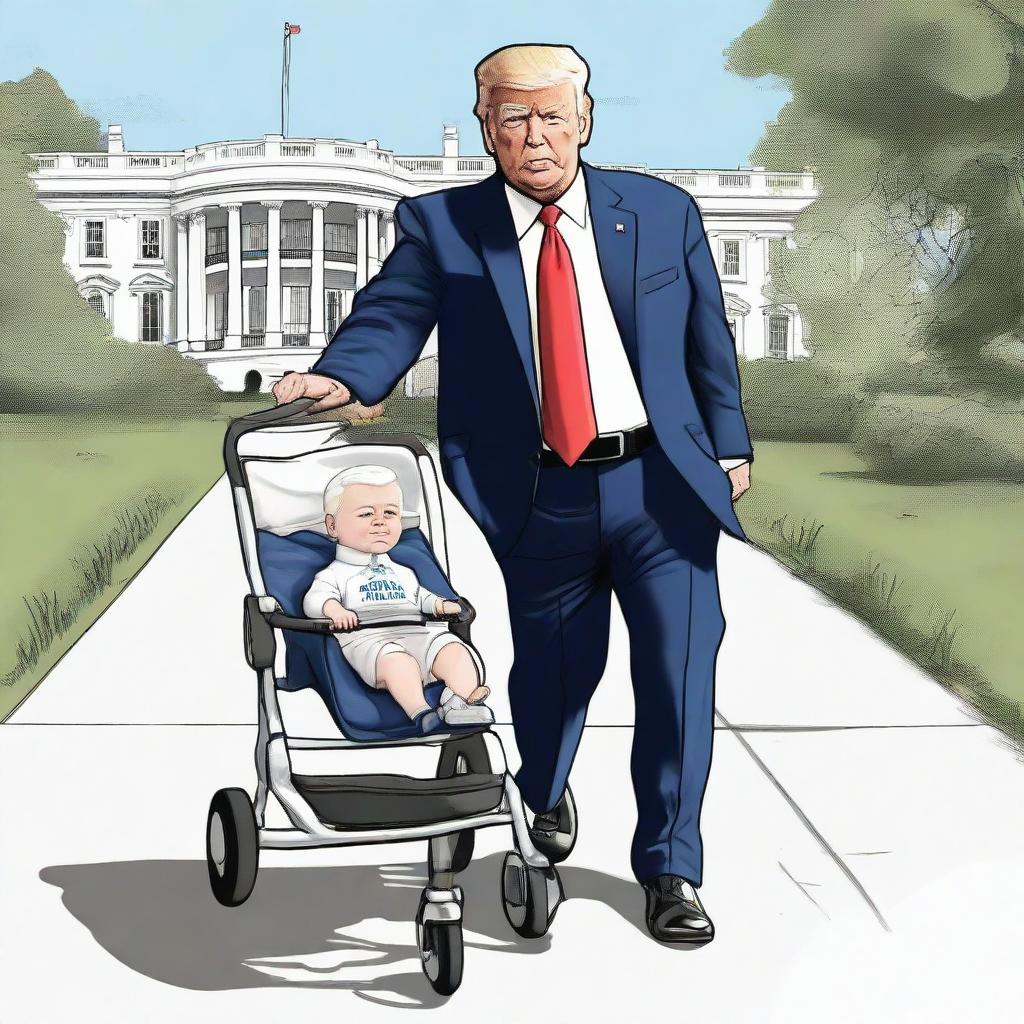 Generate a humorous caricature-style image of a strong Donald Trump pushing a baby stroller containing a sickly-looking Joe Biden, with the White House prominently in the background.