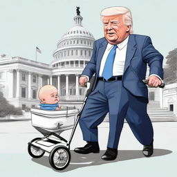 Generate a humorous caricature-style image of a strong Donald Trump pushing a baby stroller containing a sickly-looking Joe Biden, with the White House prominently in the background.