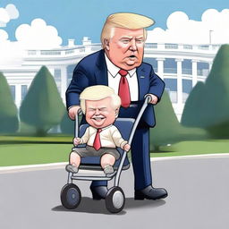 Generate a humorous caricature-style image of a strong Donald Trump pushing a baby stroller containing a sickly-looking Joe Biden, with the White House prominently in the background.