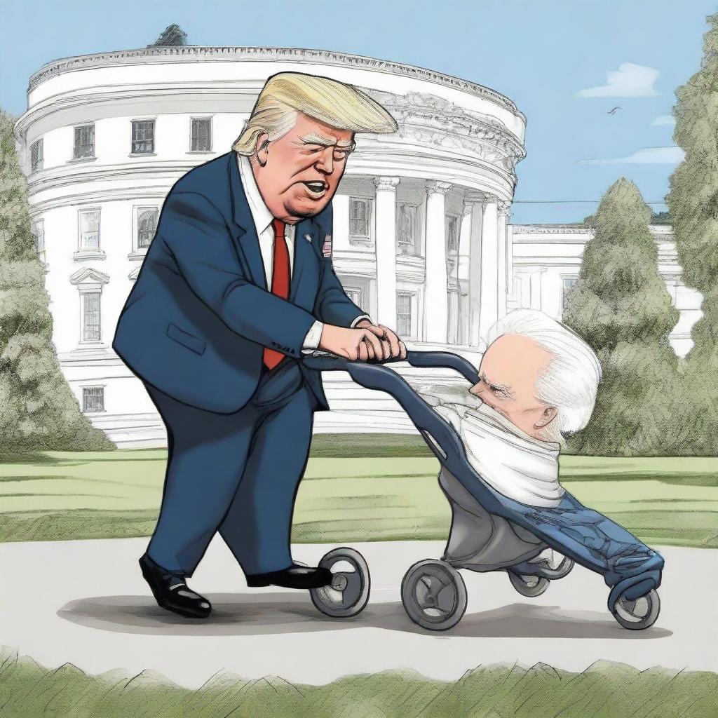 Construct a satirical cartoon where a strong caricature of Donald Trump is pushing a baby stroller with Joe Biden who looks elderly and frail, with a distinctive White House in the background.