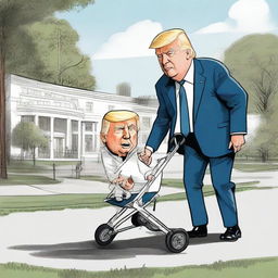 Construct a satirical cartoon where a strong caricature of Donald Trump is pushing a baby stroller with Joe Biden who looks elderly and frail, with a distinctive White House in the background.