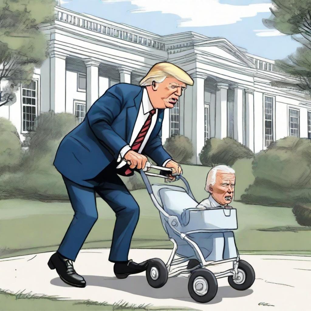 Construct a satirical cartoon where a strong caricature of Donald Trump is pushing a baby stroller with Joe Biden who looks elderly and frail, with a distinctive White House in the background.