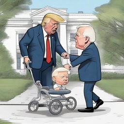 Construct a satirical cartoon where a strong caricature of Donald Trump is pushing a baby stroller with Joe Biden who looks elderly and frail, with a distinctive White House in the background.