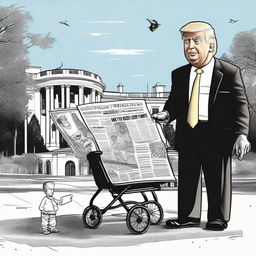 Design a satirical black ink pen newspaper comic of a robustly depicted Donald Trump, pushing a baby stroller with an old and frail caricature of Joe Biden, against the iconic backdrop of the White House.