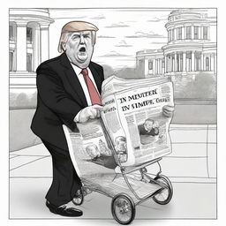 Design a satirical black ink pen newspaper comic of a robustly depicted Donald Trump, pushing a baby stroller with an old and frail caricature of Joe Biden, against the iconic backdrop of the White House.