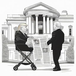 Design a satirical black ink pen newspaper comic of a robustly depicted Donald Trump, pushing a baby stroller with an old and frail caricature of Joe Biden, against the iconic backdrop of the White House.