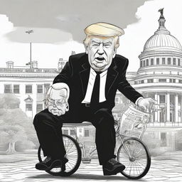 Design a satirical black ink pen newspaper comic of a robustly depicted Donald Trump, pushing a baby stroller with an old and frail caricature of Joe Biden, against the iconic backdrop of the White House.