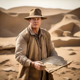 Brendan Fraser in archaeologist attire, standing in an open excavation site with ancient artifacts. He is holding a dusty old artifact in his hands, fascinated.