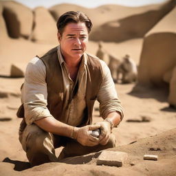 Brendan Fraser in archaeologist attire, standing in an open excavation site with ancient artifacts. He is holding a dusty old artifact in his hands, fascinated.