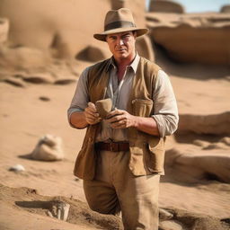 Brendan Fraser in archaeologist attire, standing in an open excavation site with ancient artifacts. He is holding a dusty old artifact in his hands, fascinated.