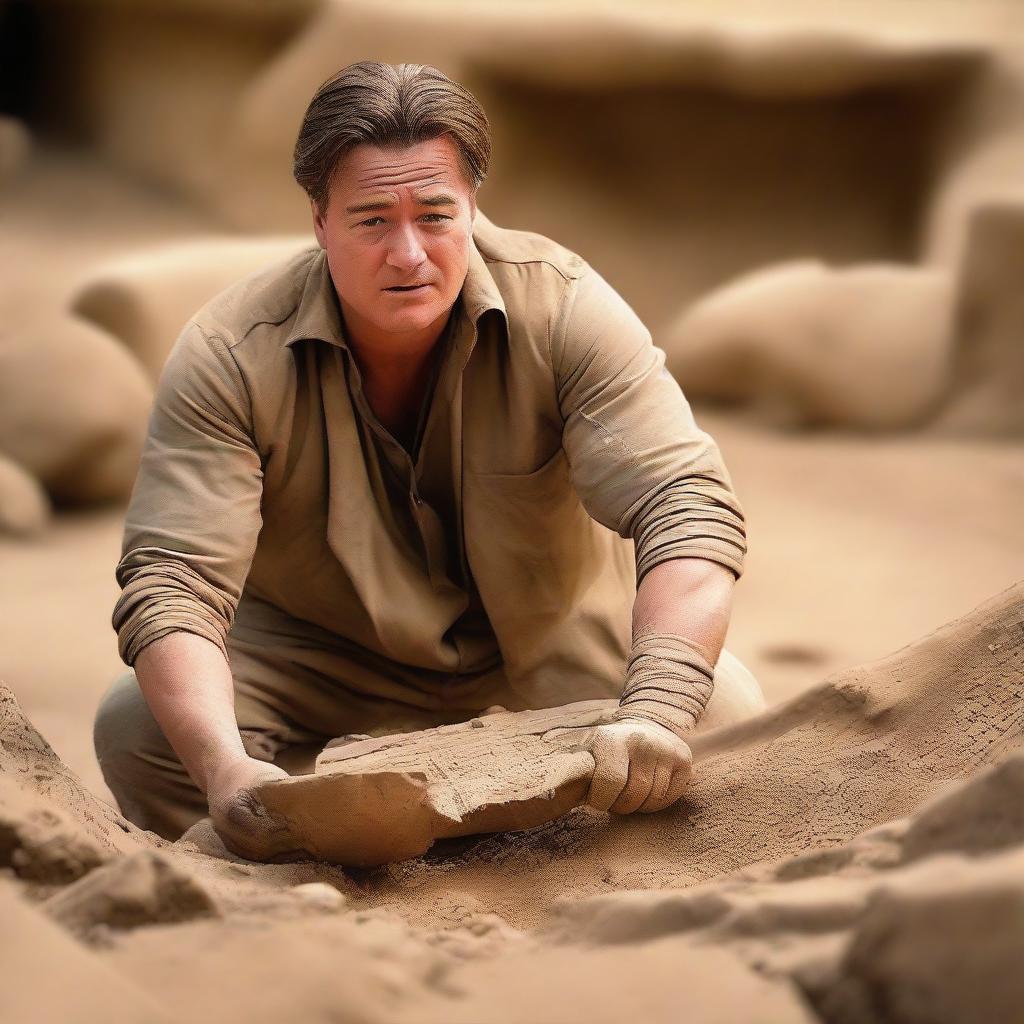 Brendan Fraser in archaeologist attire, standing in an open excavation site with ancient artifacts. He is holding a dusty old artifact in his hands, fascinated.