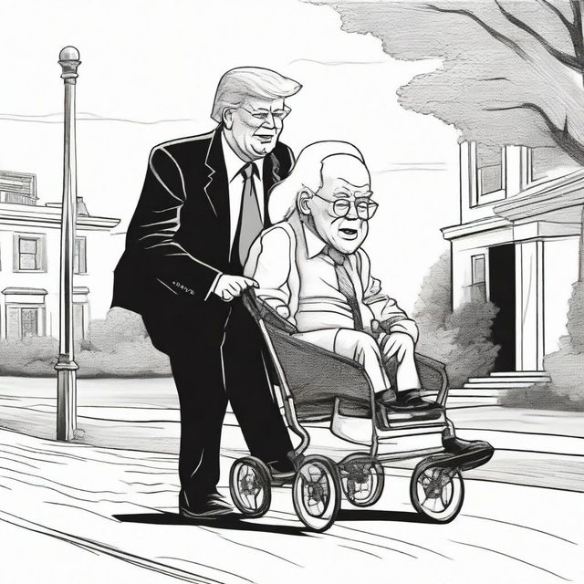 Create a satirical black ink pen newspaper comic style illustration, portraying a sturdy Donald Trump pushing an elderly, frail-looking Joe Biden in a baby stroller, with a distinctive representation of the White House in the backdrop.