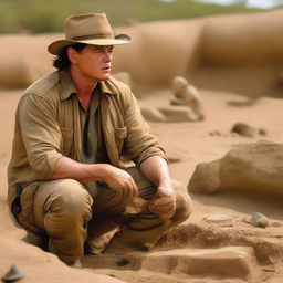 Brendan Fraser portrayed as a paranoid archaeologist, in worn-out attire, intensely scanning his surroundings at an excavation site, clutching onto an ancient artifact tightly.