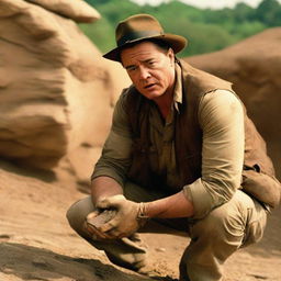 Brendan Fraser portrayed as a paranoid archaeologist, in worn-out attire, intensely scanning his surroundings at an excavation site, clutching onto an ancient artifact tightly.