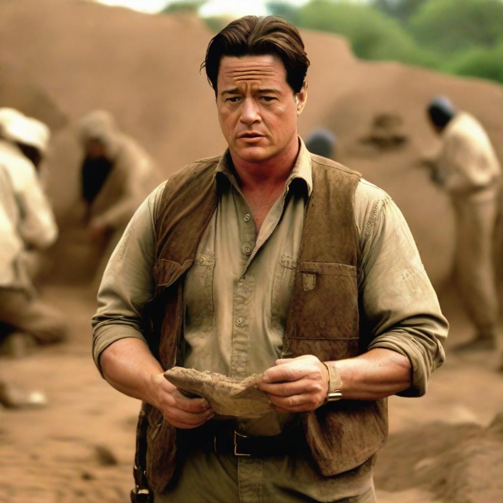 Brendan Fraser portrayed as a paranoid archaeologist, in worn-out attire, intensely scanning his surroundings at an excavation site, clutching onto an ancient artifact tightly.