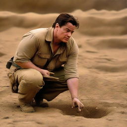 Brendan Fraser portrayed as a paranoid archaeologist, in worn-out attire, intensely scanning his surroundings at an excavation site, clutching onto an ancient artifact tightly.