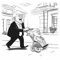 Sketch a satirical, black-ink pen newspaper comic style drawing of an animated Donald Trump energetically pushing a visibly old, frail Joe Biden in a baby stroller with the White House vividly shown in the background.