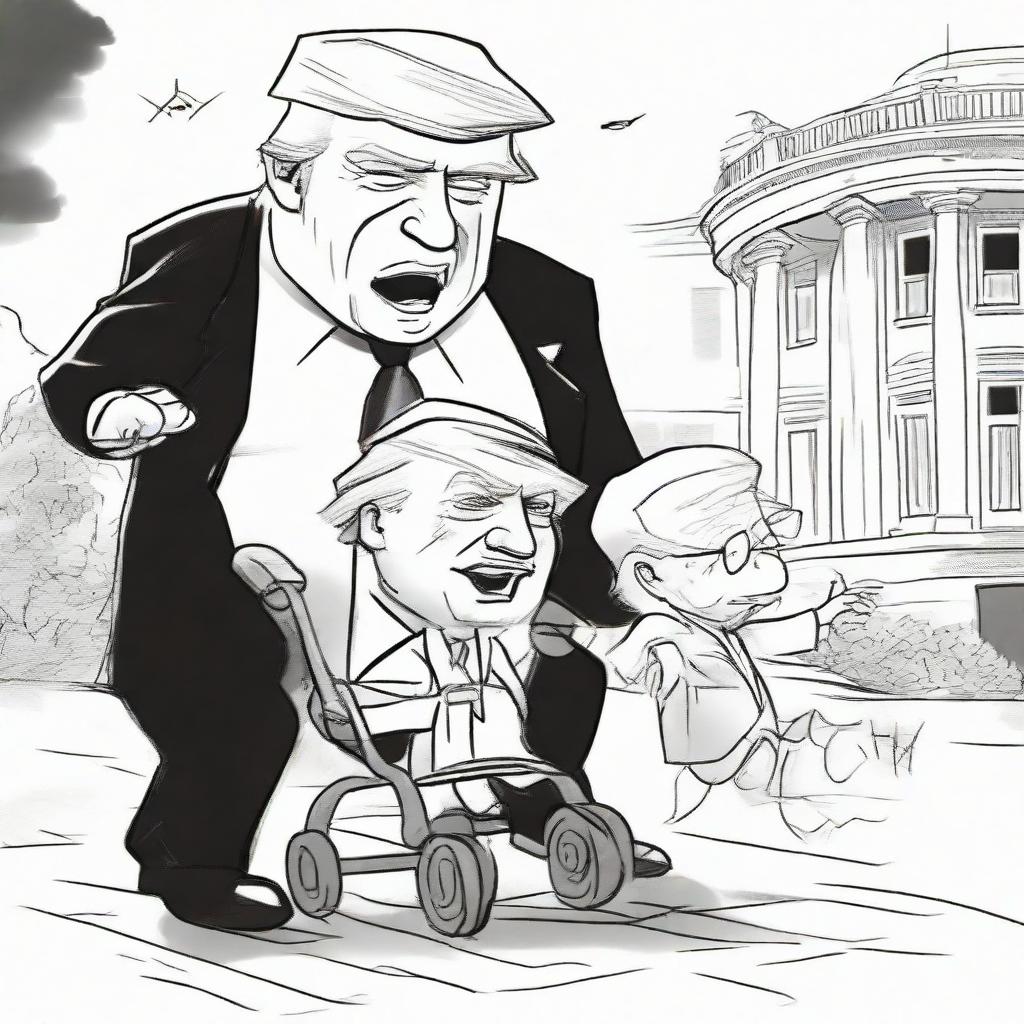 Sketch a satirical, black-ink pen newspaper comic style drawing of an animated Donald Trump energetically pushing a visibly old, frail Joe Biden in a baby stroller with the White House vividly shown in the background.