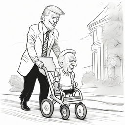 Sketch a satirical, black-ink pen newspaper comic style drawing of an animated Donald Trump energetically pushing a visibly old, frail Joe Biden in a baby stroller with the White House vividly shown in the background.