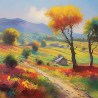 The landscape painting depicted a clement countryside with vibrant colors and a peaceful atmosphere.