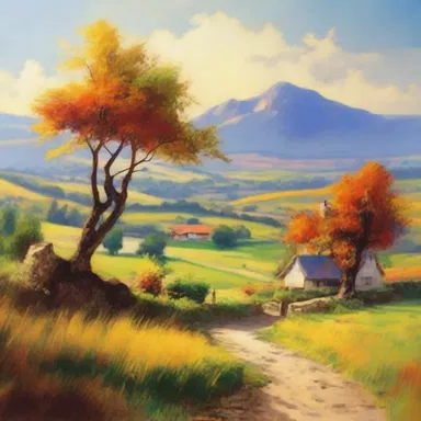 The landscape painting depicted a clement countryside with vibrant colors and a peaceful atmosphere.