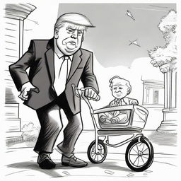 Sketch a satirical, black-ink pen newspaper comic style drawing of an animated Donald Trump energetically pushing a visibly old, frail Joe Biden in a baby stroller with the White House vividly shown in the background.