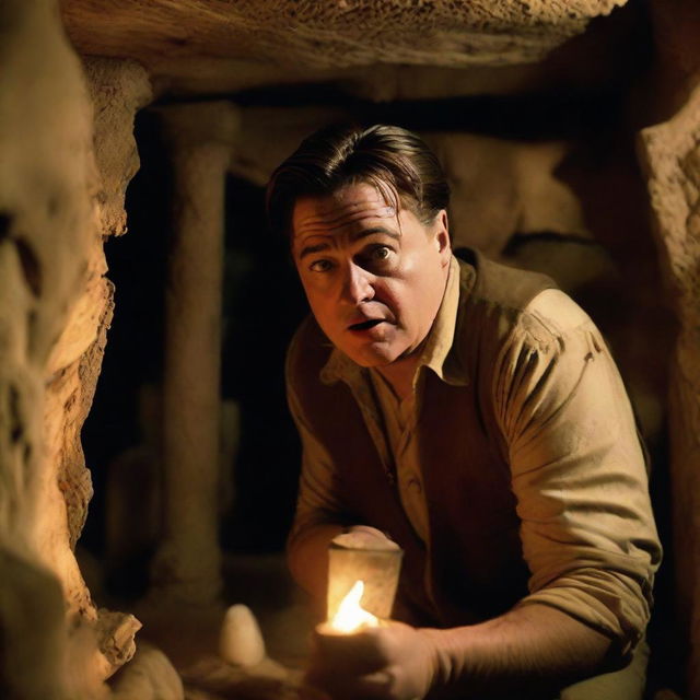 Brendan Fraser depicted as a terrified archaeologist in a horror movie setting. He's in a dimly lit crypt, cautiously examining an eerie artifact, eyes wide with fear.