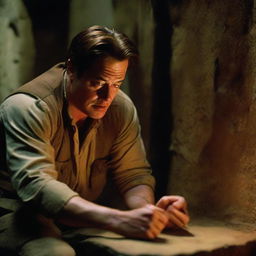 Brendan Fraser depicted as a terrified archaeologist in a horror movie setting. He's in a dimly lit crypt, cautiously examining an eerie artifact, eyes wide with fear.