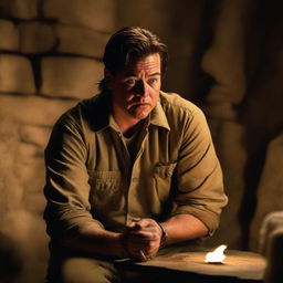 Brendan Fraser depicted as a terrified archaeologist in a horror movie setting. He's in a dimly lit crypt, cautiously examining an eerie artifact, eyes wide with fear.