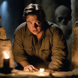 Brendan Fraser depicted as a terrified archaeologist in a horror movie setting. He's in a dimly lit crypt, cautiously examining an eerie artifact, eyes wide with fear.