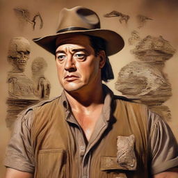 A highly detailed portrait of Brendan Fraser portraying a paranoid archaeologist, fear and determination apparent in his dust-smeared face, holding ancient relics.