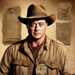 A highly detailed portrait of Brendan Fraser portraying a paranoid archaeologist, fear and determination apparent in his dust-smeared face, holding ancient relics.