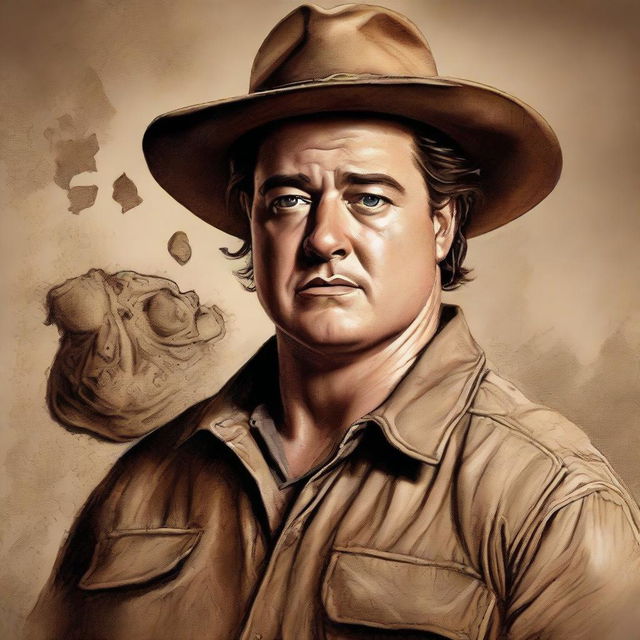 A highly detailed portrait of Brendan Fraser portraying a paranoid archaeologist, fear and determination apparent in his dust-smeared face, holding ancient relics.