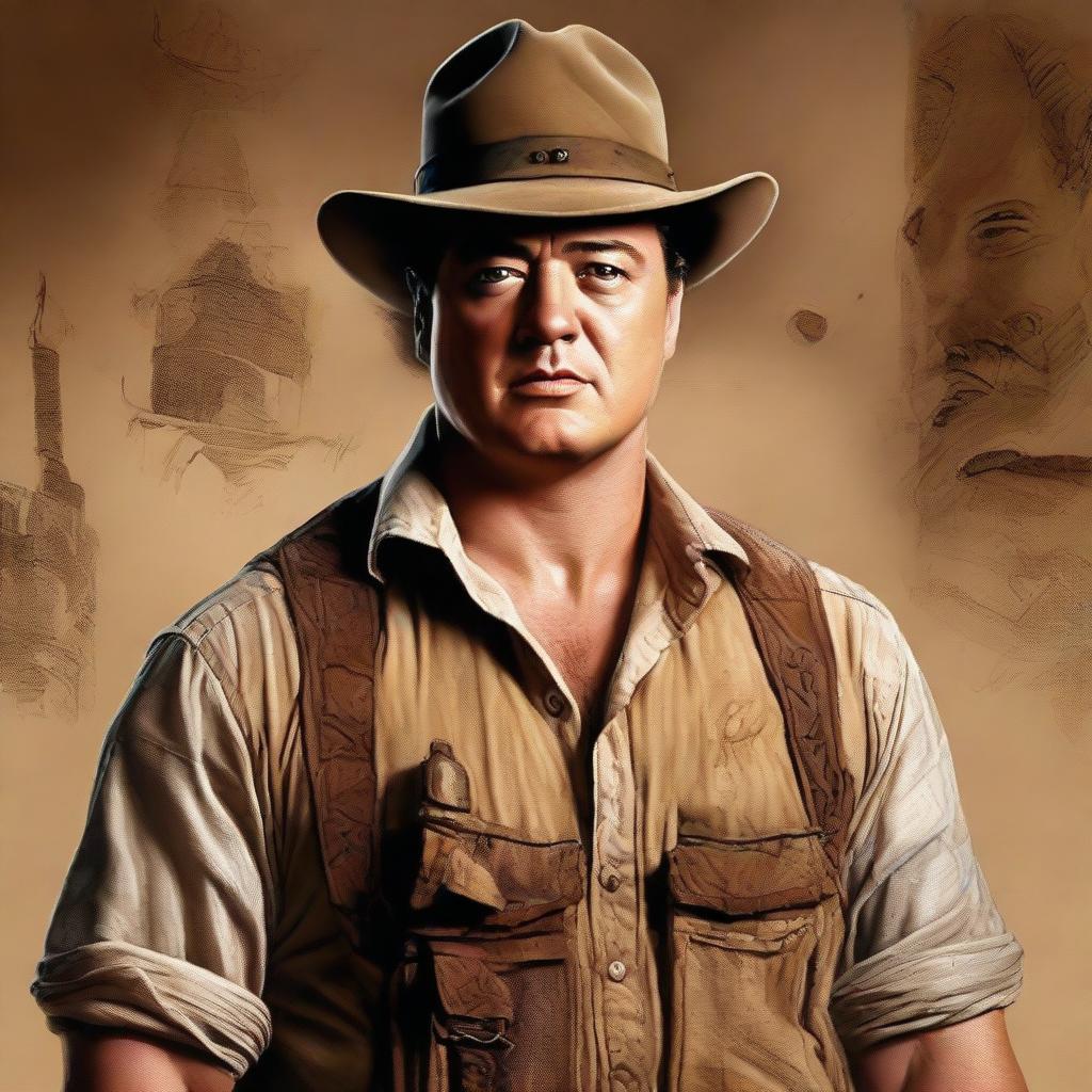 A highly detailed portrait of Brendan Fraser portraying a paranoid archaeologist, fear and determination apparent in his dust-smeared face, holding ancient relics.