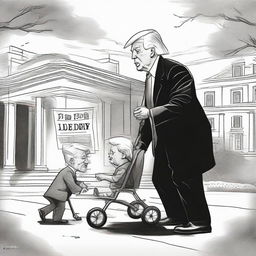 Illustrate a satirical black ink, hatch drawing newspaper comic style image, featuring a strong caricature of Donald Trump pushing an older, frail-looking caricature of Joe Biden in a baby stroller, with a detailed sketch of the White House in the background.