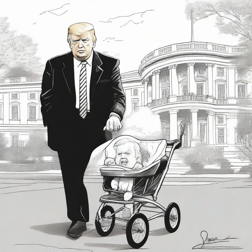 Illustrate a satirical black ink, hatch drawing newspaper comic style image, featuring a strong caricature of Donald Trump pushing an older, frail-looking caricature of Joe Biden in a baby stroller, with a detailed sketch of the White House in the background.