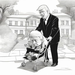 Illustrate a satirical black ink, hatch drawing newspaper comic style image, featuring a strong caricature of Donald Trump pushing an older, frail-looking caricature of Joe Biden in a baby stroller, with a detailed sketch of the White House in the background.