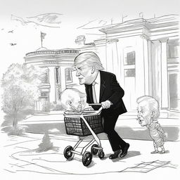 Illustrate a satirical black ink, hatch drawing newspaper comic style image, featuring a strong caricature of Donald Trump pushing an older, frail-looking caricature of Joe Biden in a baby stroller, with a detailed sketch of the White House in the background.