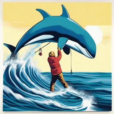 The artist used vibrant colors to depict a fisherman harpooning a whale in their masterpiece.